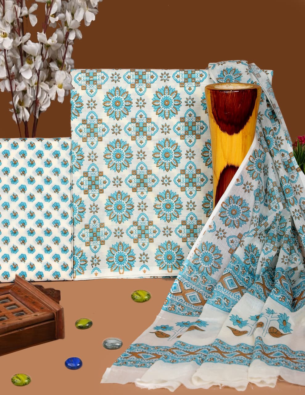 Pure Cotton Hand Block Print Unstitched Suit with Cotton Dupatta