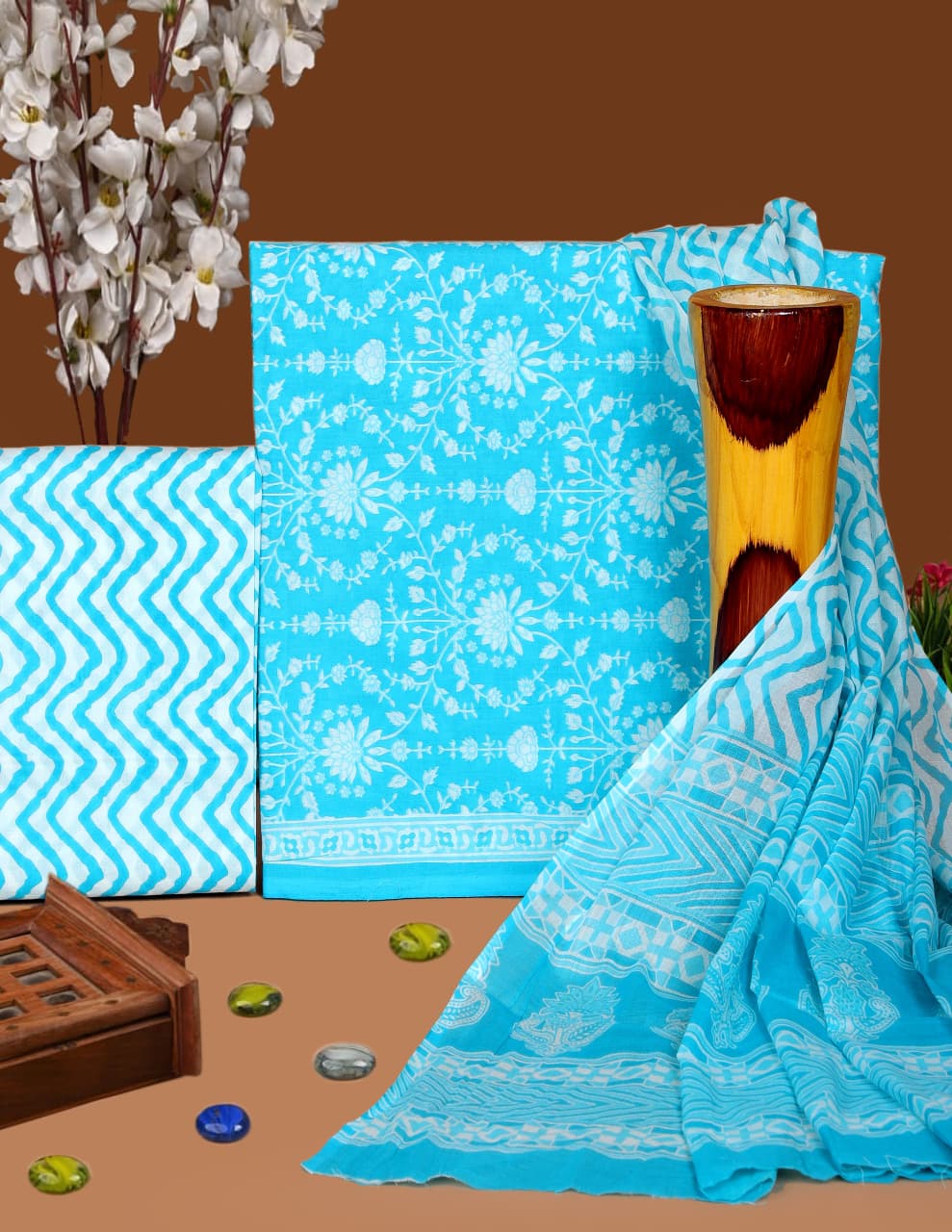 Pure Cotton Hand Block Print Unstitched Suit with Cotton Dupatta