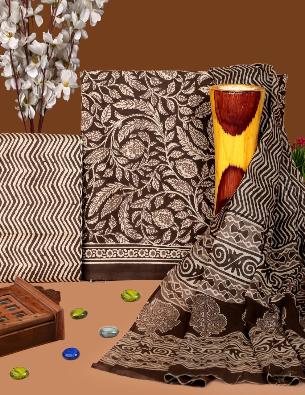 Pure Cotton Hand Block Print Unstitched Suit with Cotton Dupatta