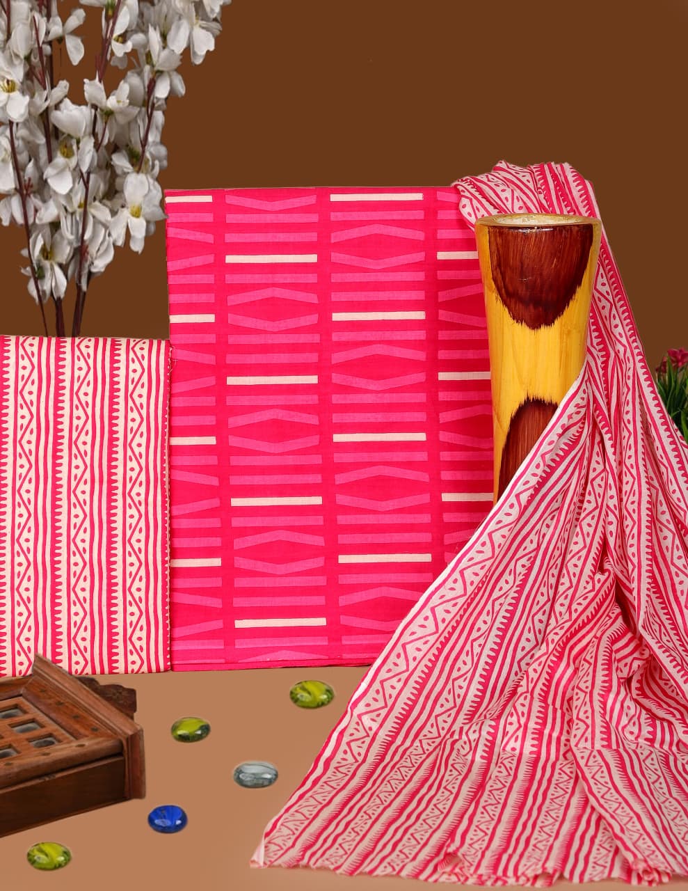 Pure Cotton Hand Block Print Unstitched Suit with Cotton Dupatta