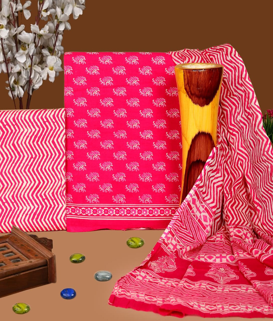 Pure Cotton Hand Block Print Unstitched Suit with Cotton Dupatta