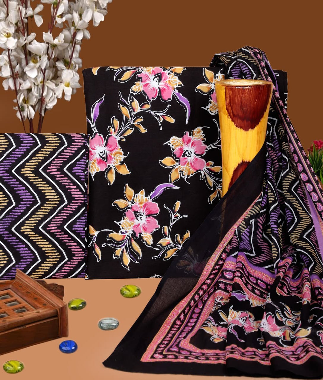 Pure Cotton Hand Block Print Unstitched Suit with Cotton Dupatta