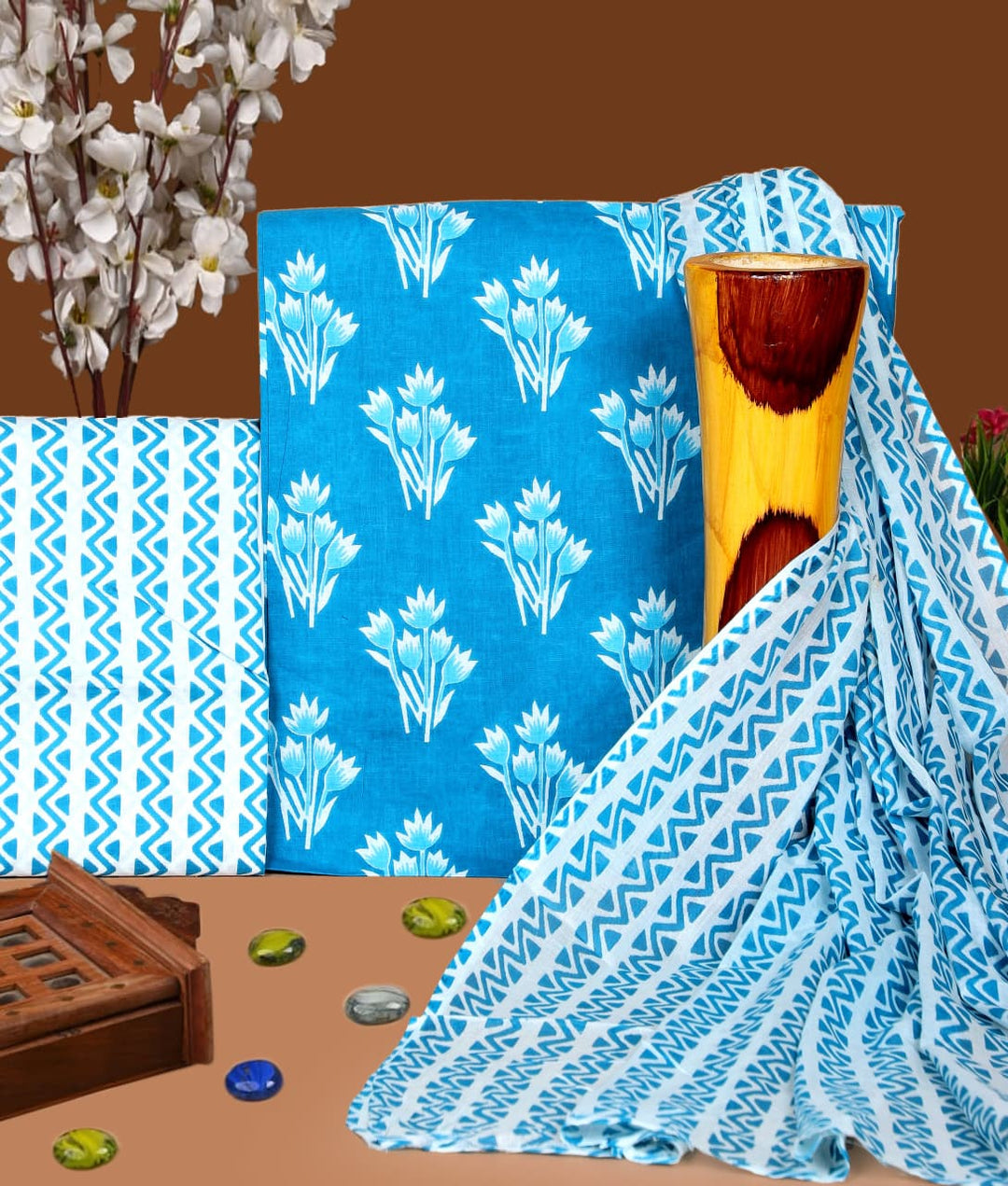 Pure Cotton Hand Block Print Unstitched Suit with Cotton Dupatta