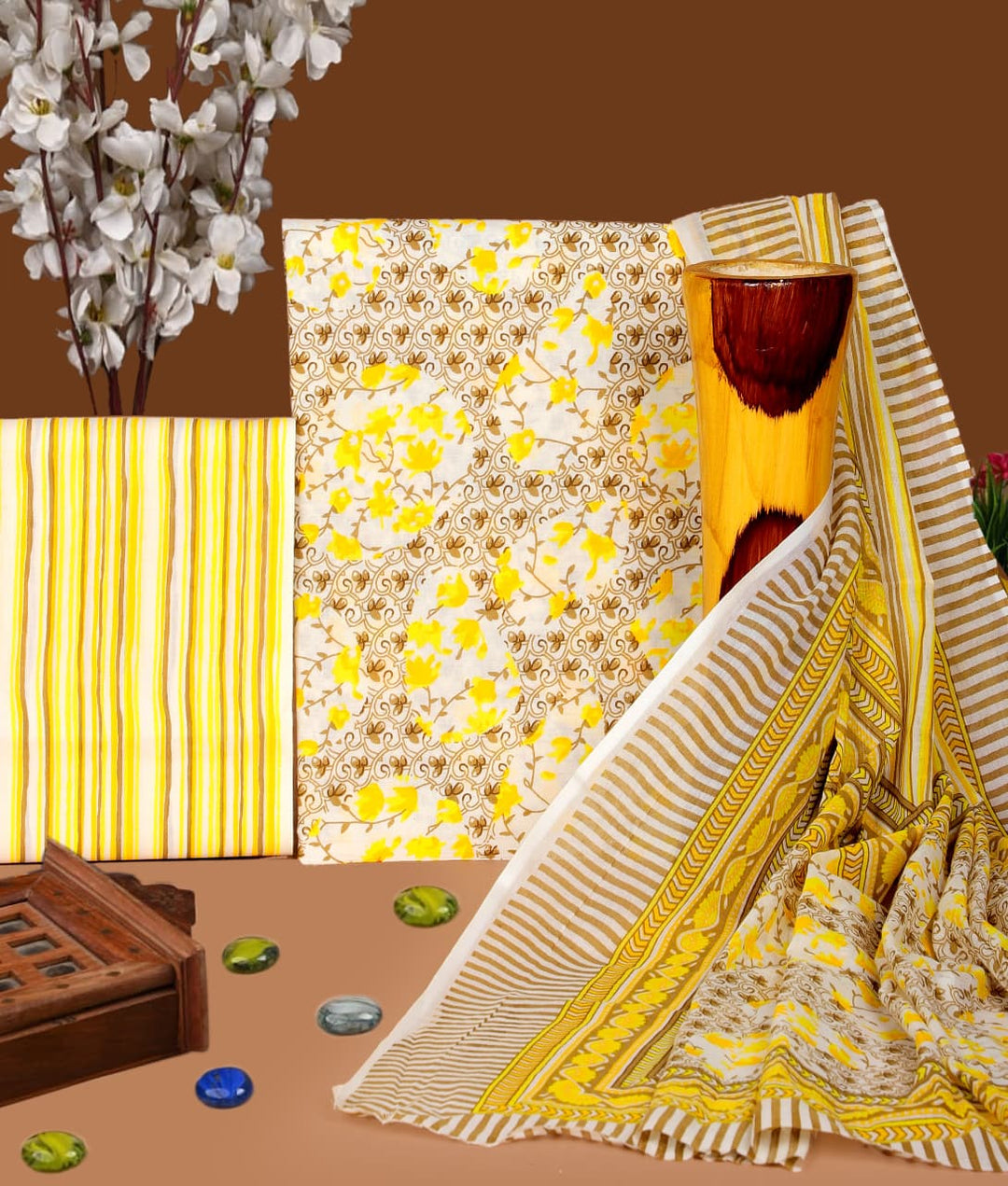 Pure Cotton Hand Block Print Unstitched Suit with Cotton Dupatta
