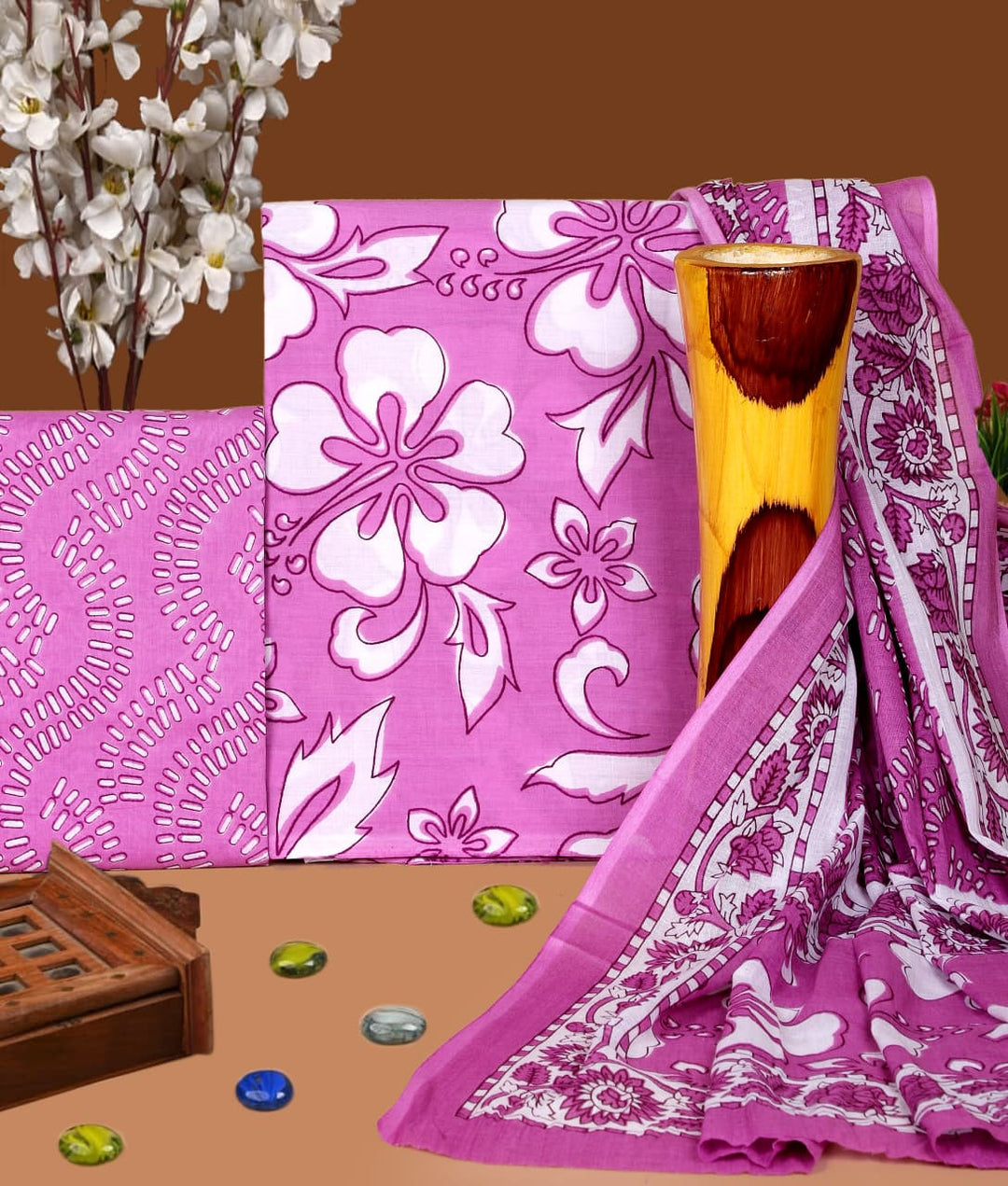 Pure Cotton Hand Block Print Unstitched Suit with Cotton Dupatta