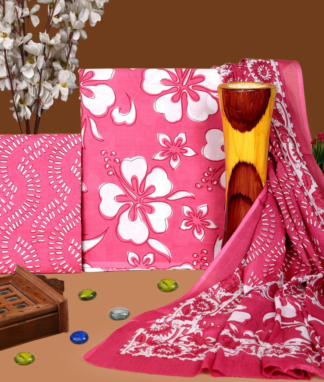 Pure Cotton Hand Block Print Unstitched Suit with Cotton Dupatta