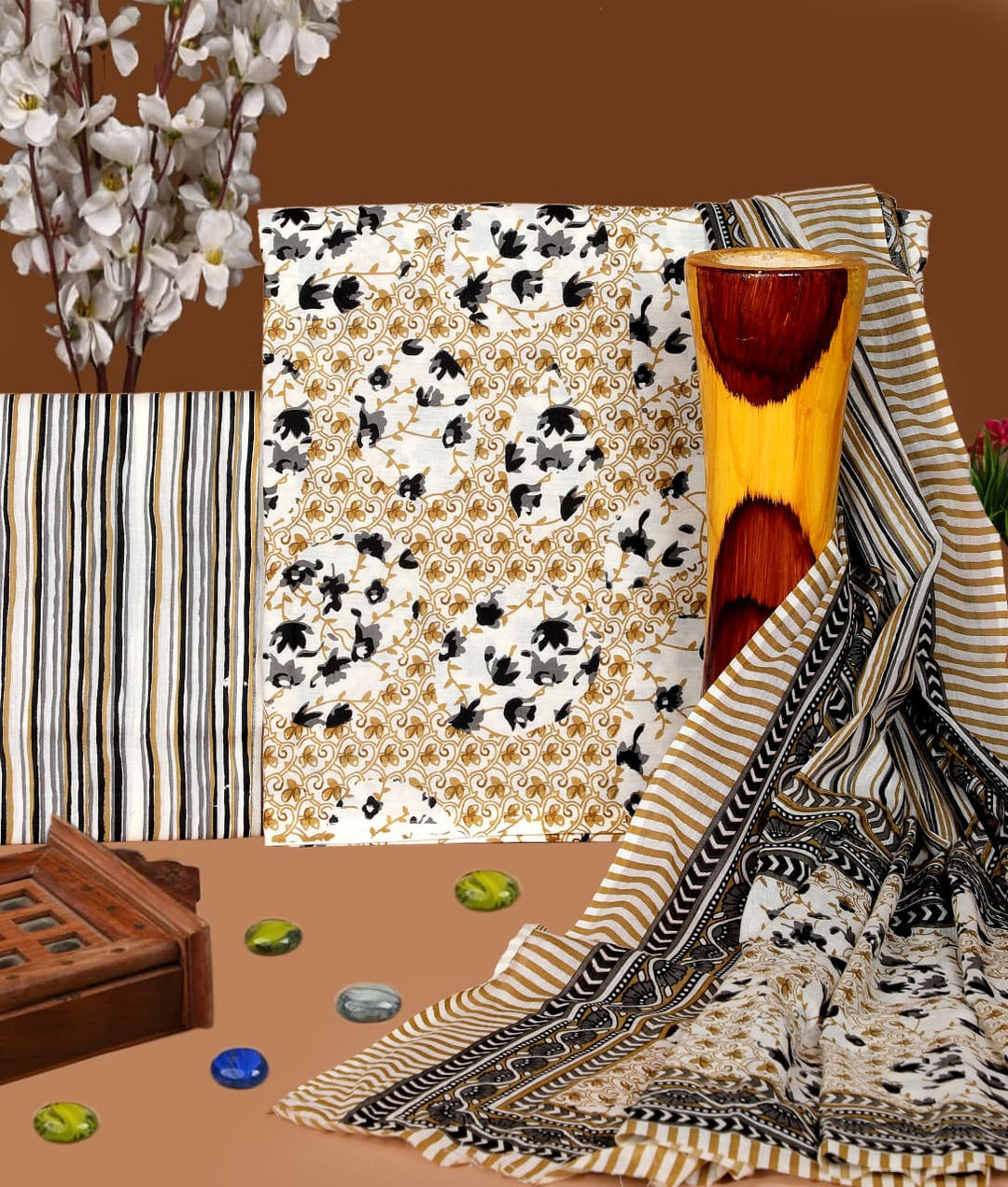 Pure Cotton Hand Block Print Unstitched Suit with Cotton Dupatta