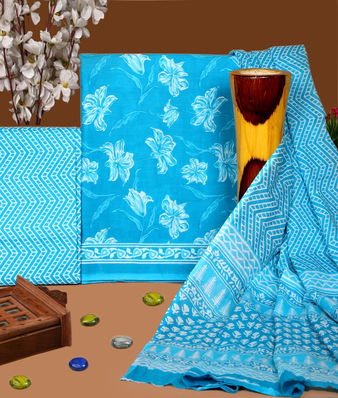 Pure Cotton Hand Block Print Unstitched Suit with Cotton Dupatta