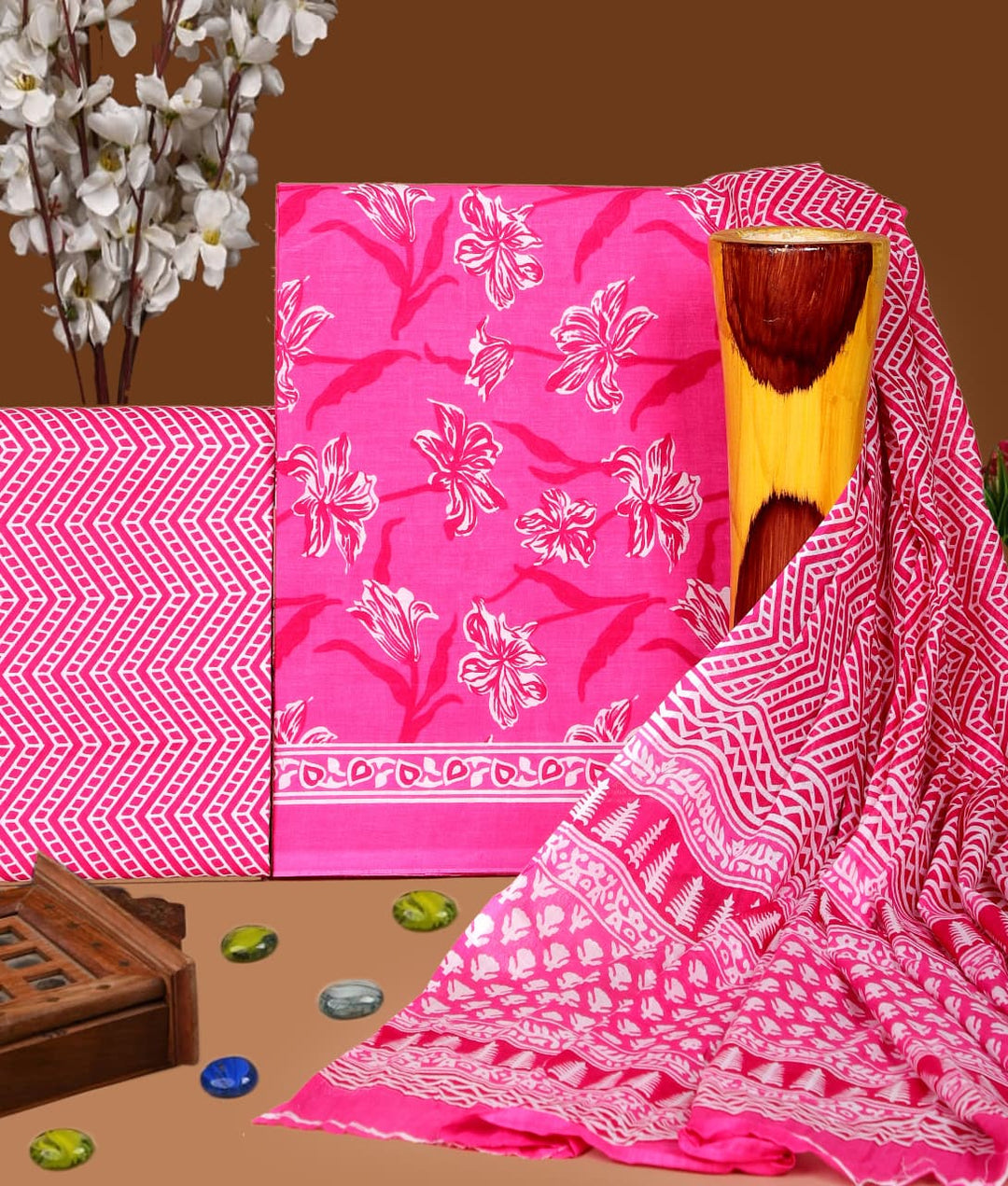 Pure Cotton Hand Block Print Unstitched Suit with Cotton Dupatta