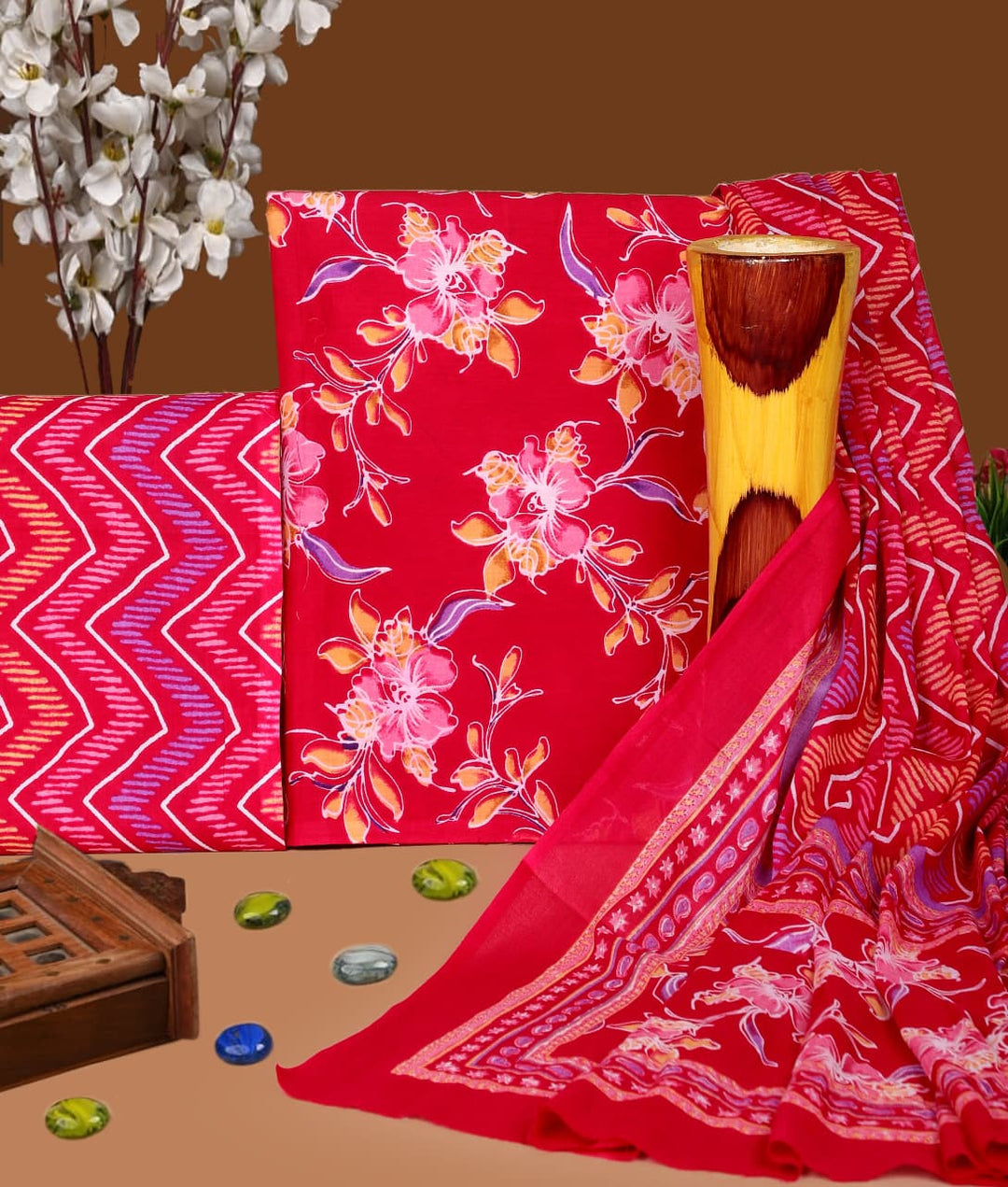Pure Cotton Hand Block Print Unstitched Suit with Cotton Dupatta