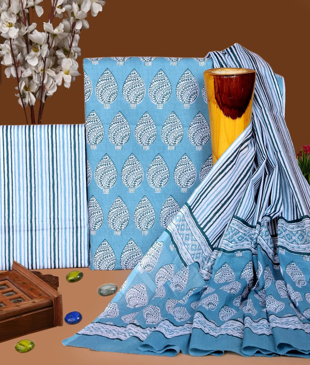 Pure Cotton Hand Block Print Unstitched Suit with Cotton Dupatta