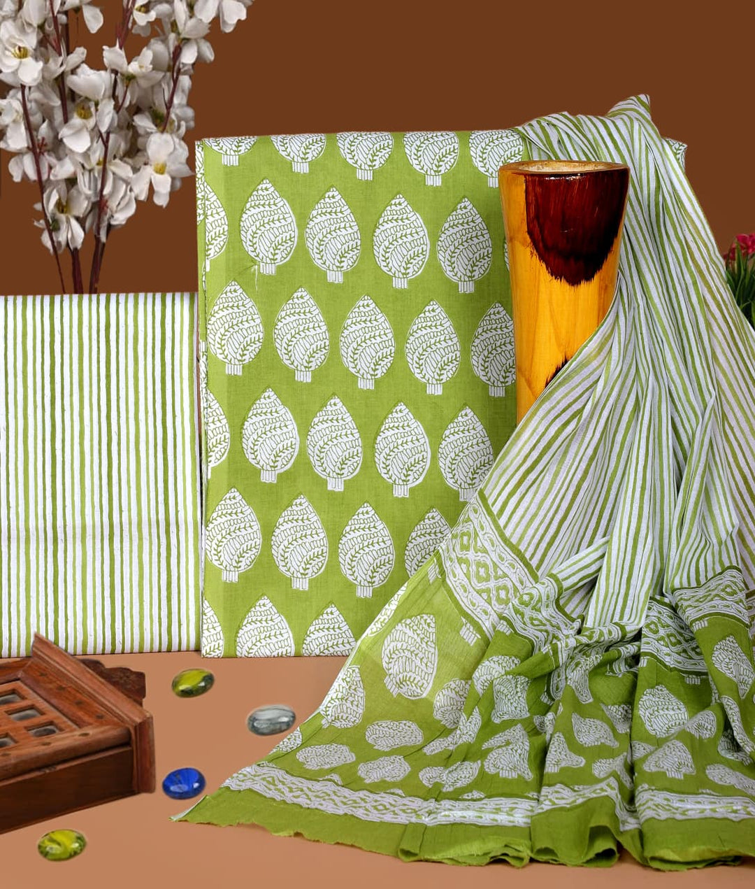 Pure Cotton Hand Block Print Unstitched Suit with Cotton Dupatta