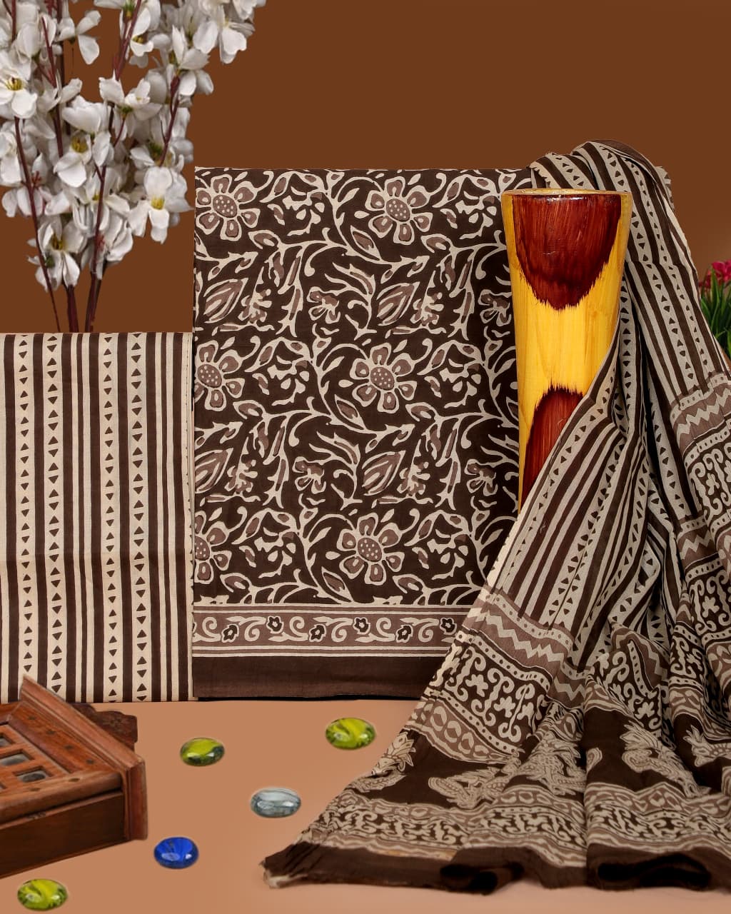 Pure Cotton Hand Block Print Unstitched Suit with Cotton Dupatta