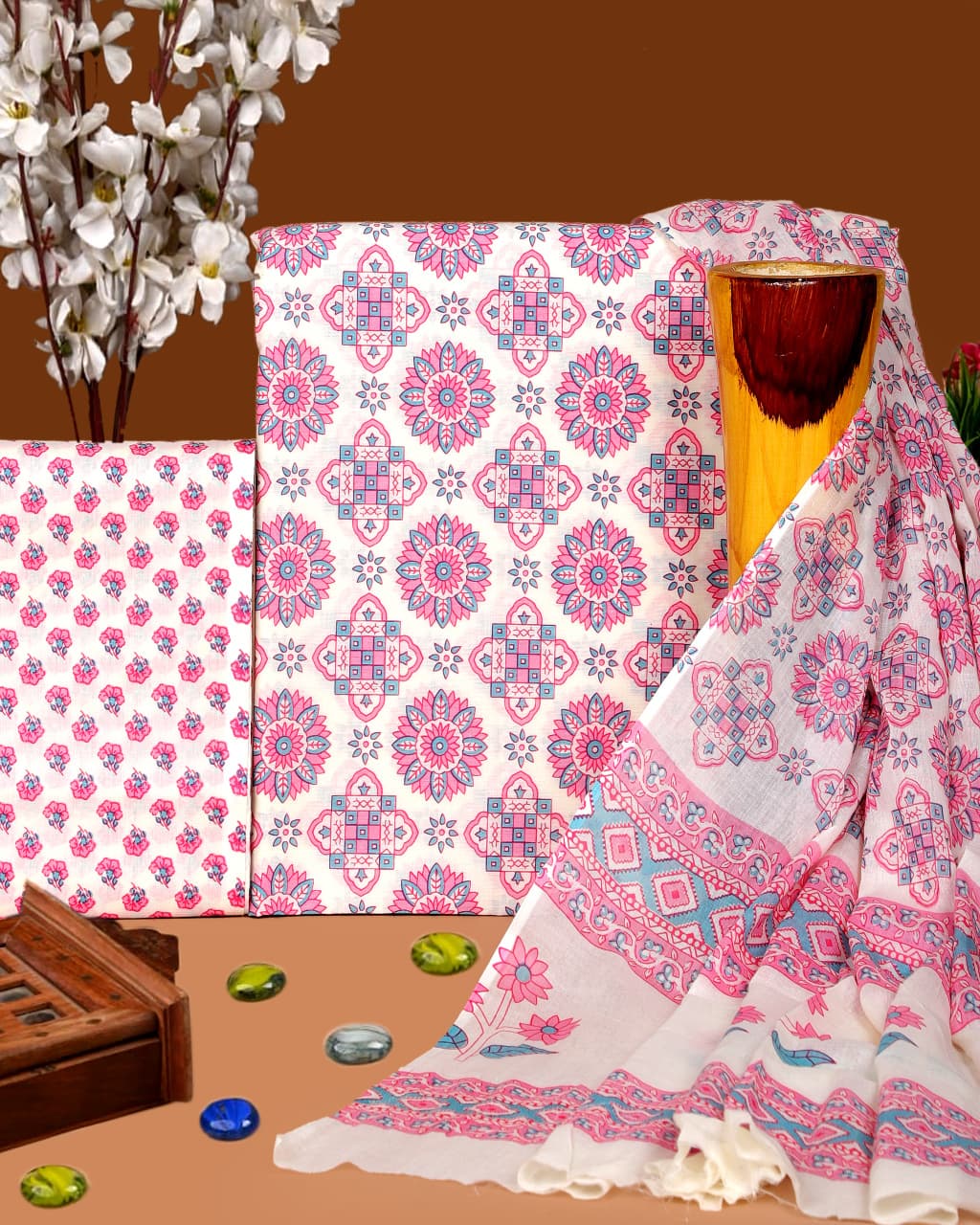 Pure Cotton Hand Block Print Unstitched Suit with Cotton Dupatta