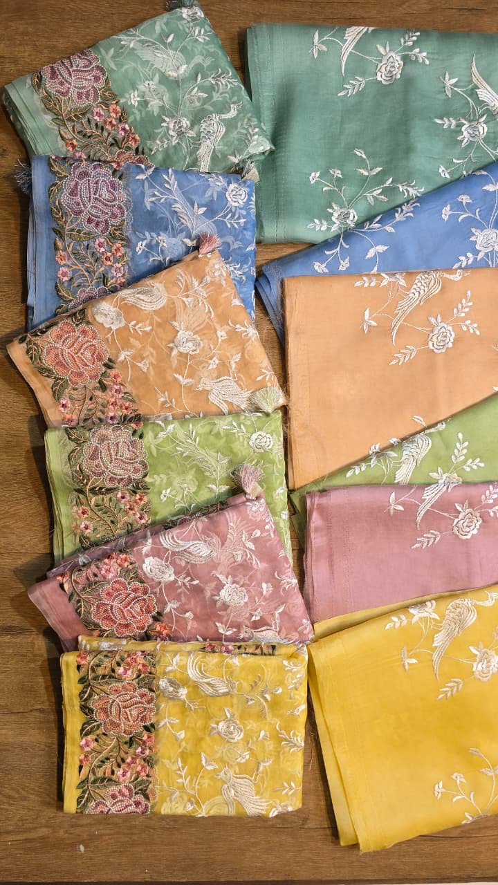 Pure Banarasi Organza Silk Parsi Work Unstitched Suit