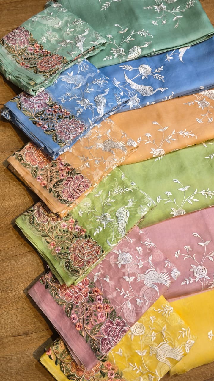 Pure Banarasi Organza Silk Parsi Work Unstitched Suit