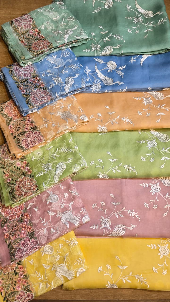 Pure Banarasi Organza Silk Parsi Work Unstitched Suit