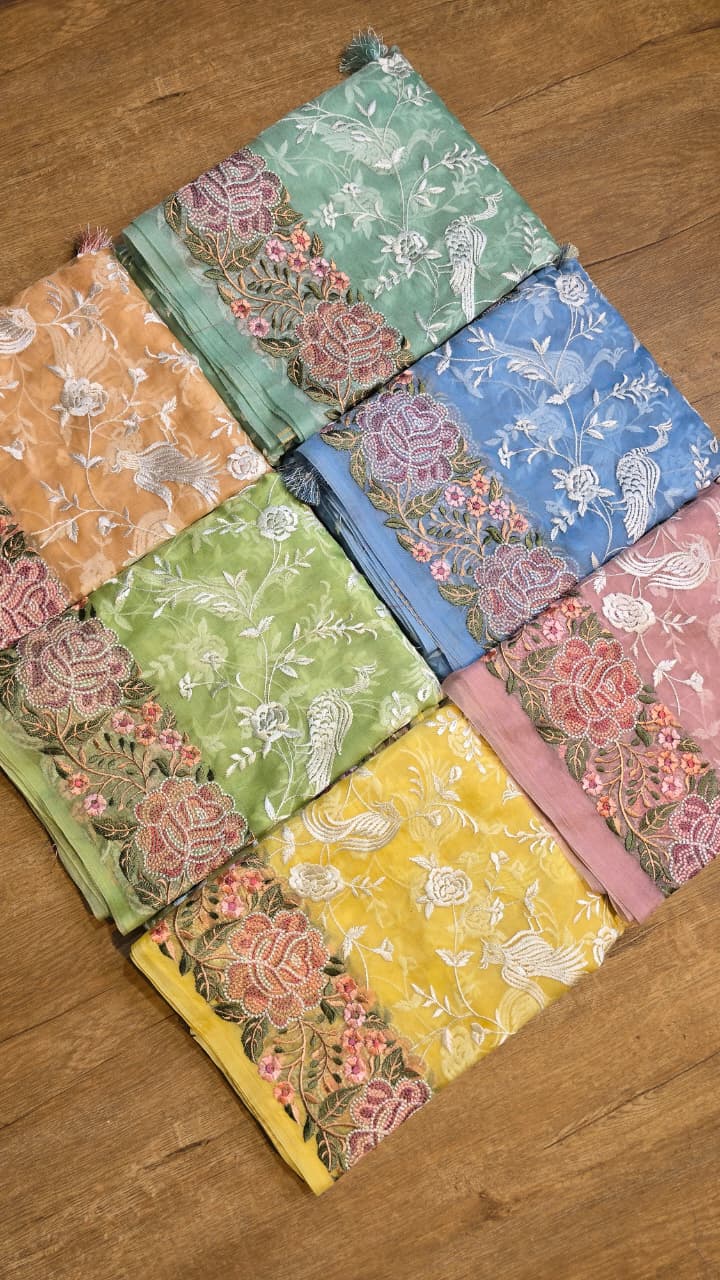 Pure Banarasi Organza Silk Parsi Work Unstitched Suit