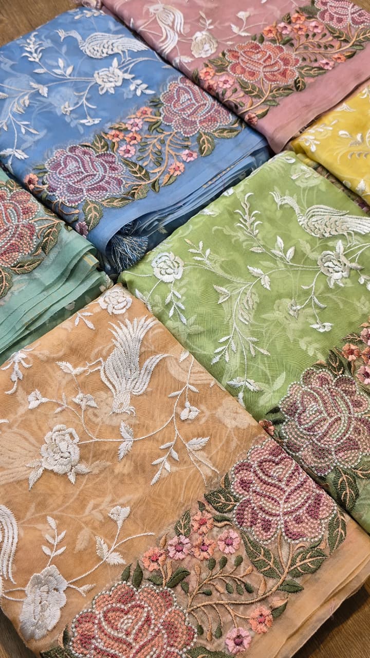 Pure Banarasi Organza Silk Parsi Work Unstitched Suit