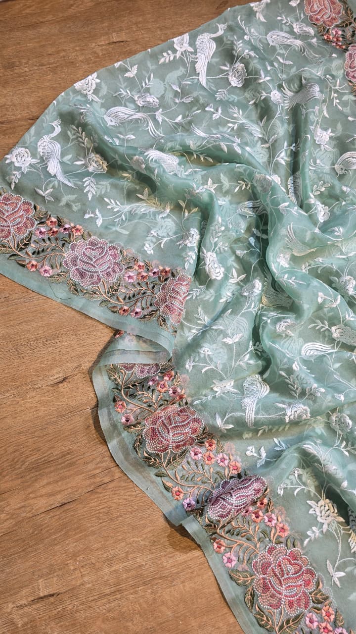 Pure Banarasi Organza Silk Parsi Work Unstitched Suit