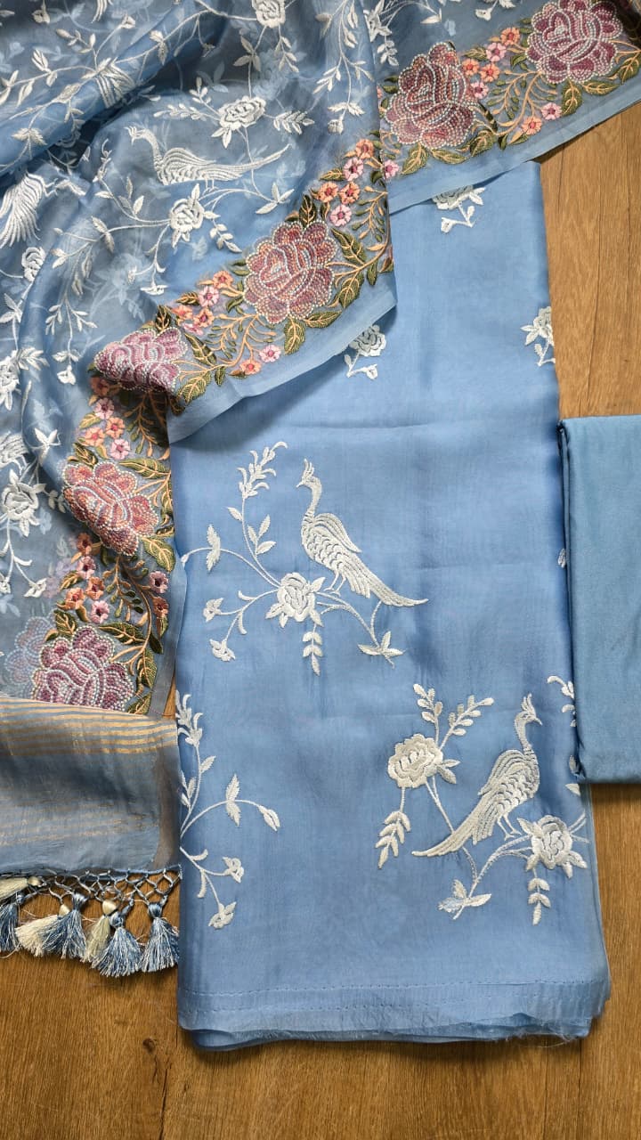 Pure Banarasi Organza Silk Parsi Work Unstitched Suit