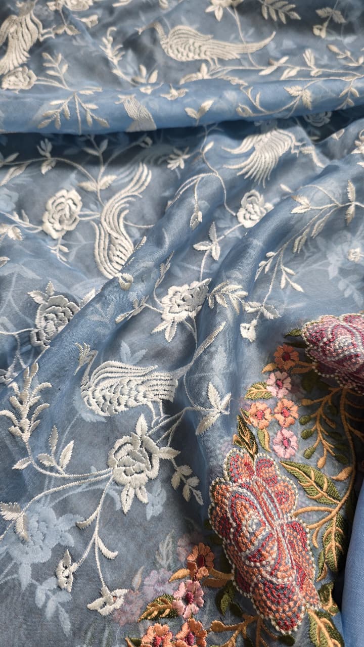 Pure Banarasi Organza Silk Parsi Work Unstitched Suit