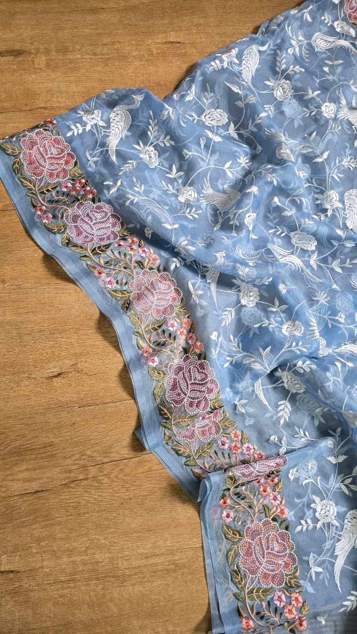 Pure Banarasi Organza Silk Parsi Work Unstitched Suit