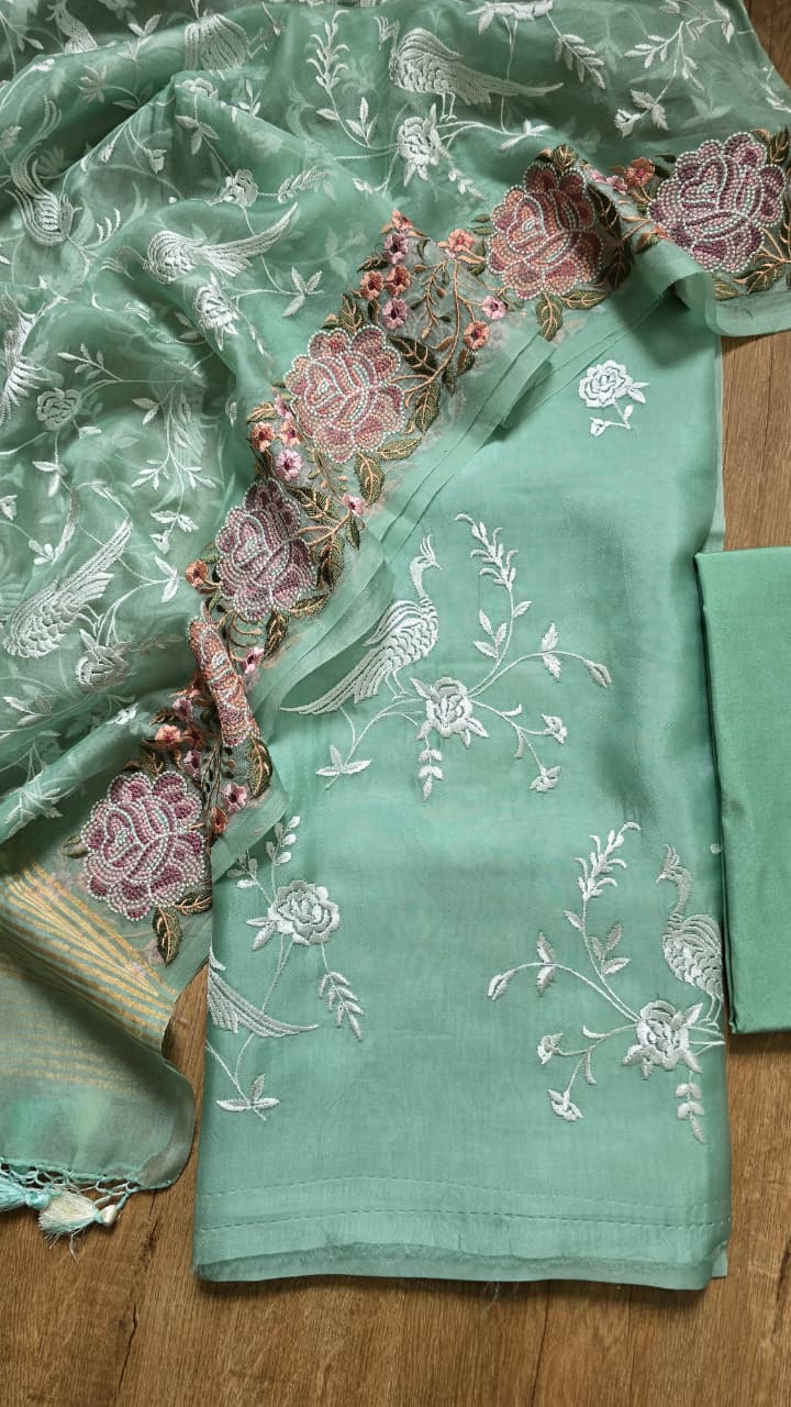 Pure Banarasi Organza Silk Parsi Work Unstitched Suit