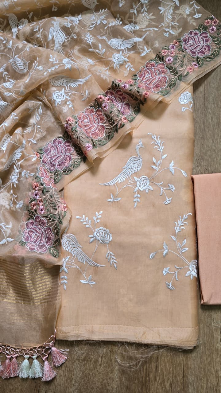 Pure Banarasi Organza Silk Parsi Work Unstitched Suit