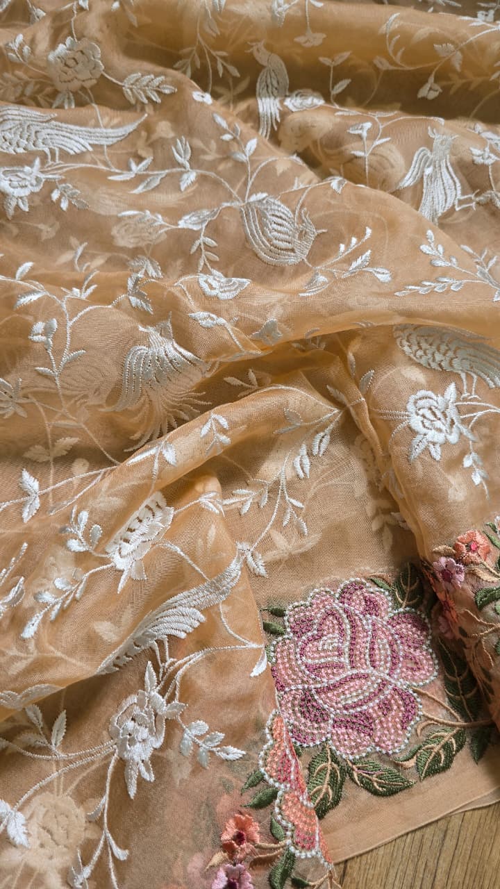 Pure Banarasi Organza Silk Parsi Work Unstitched Suit