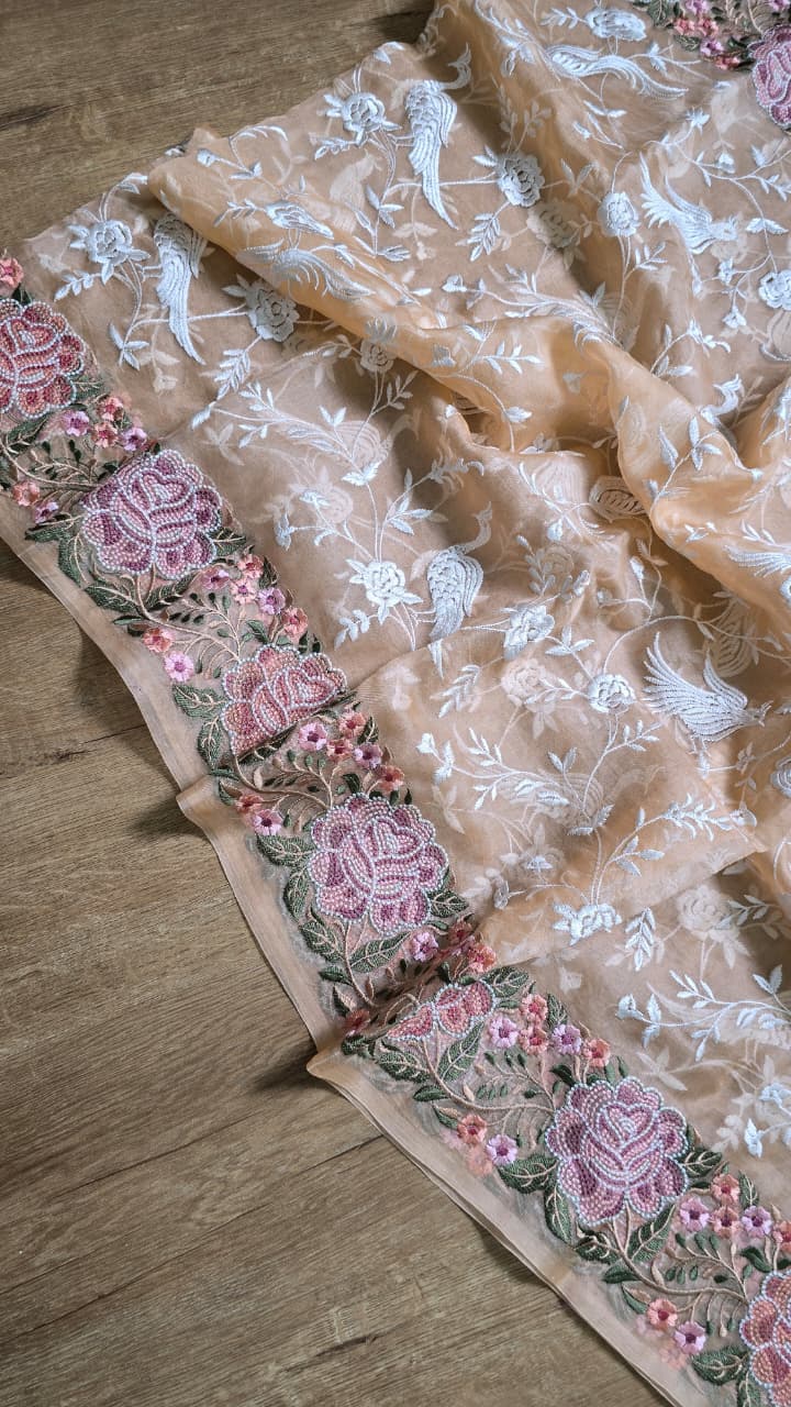 Pure Banarasi Organza Silk Parsi Work Unstitched Suit