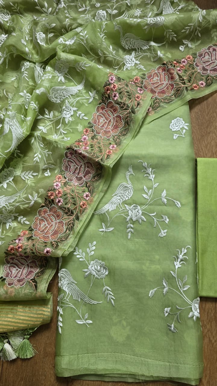 Pure Banarasi Organza Silk Parsi Work Unstitched Suit