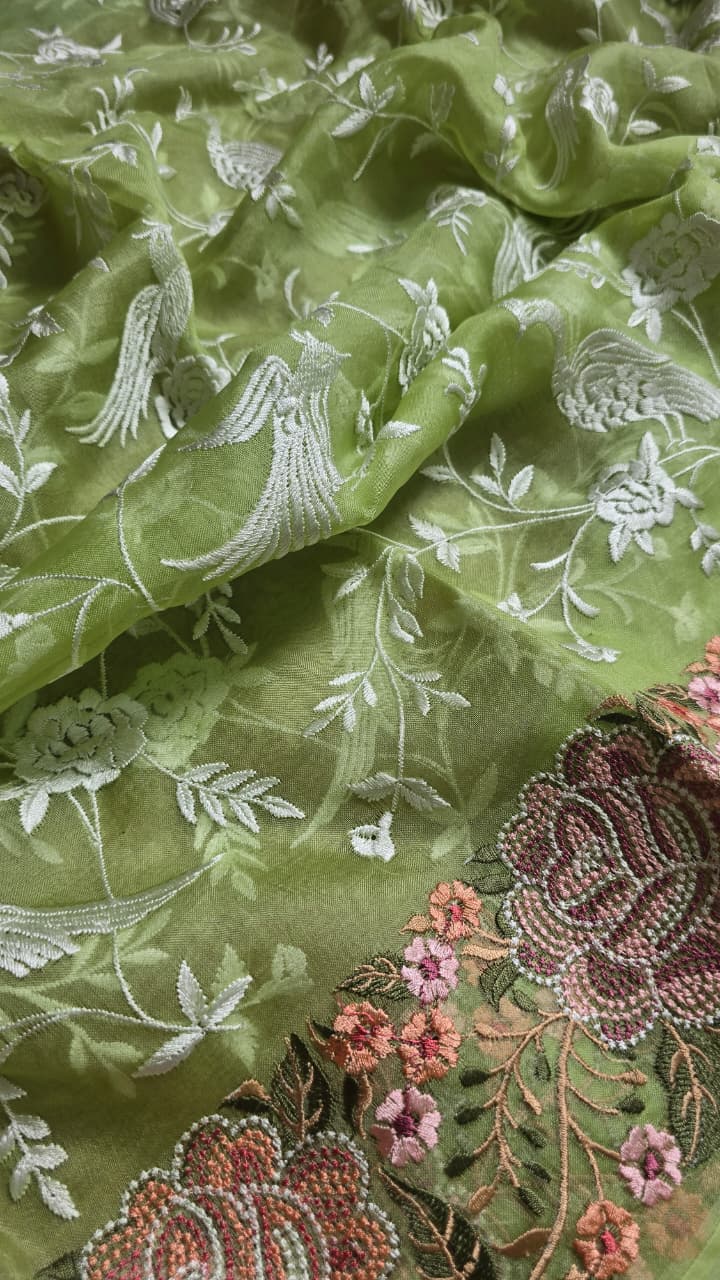 Pure Banarasi Organza Silk Parsi Work Unstitched Suit