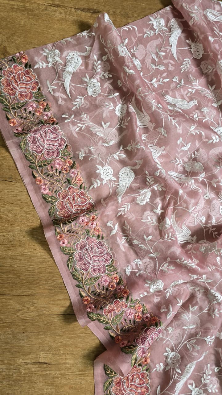 Pure Banarasi Organza Silk Parsi Work Unstitched Suit