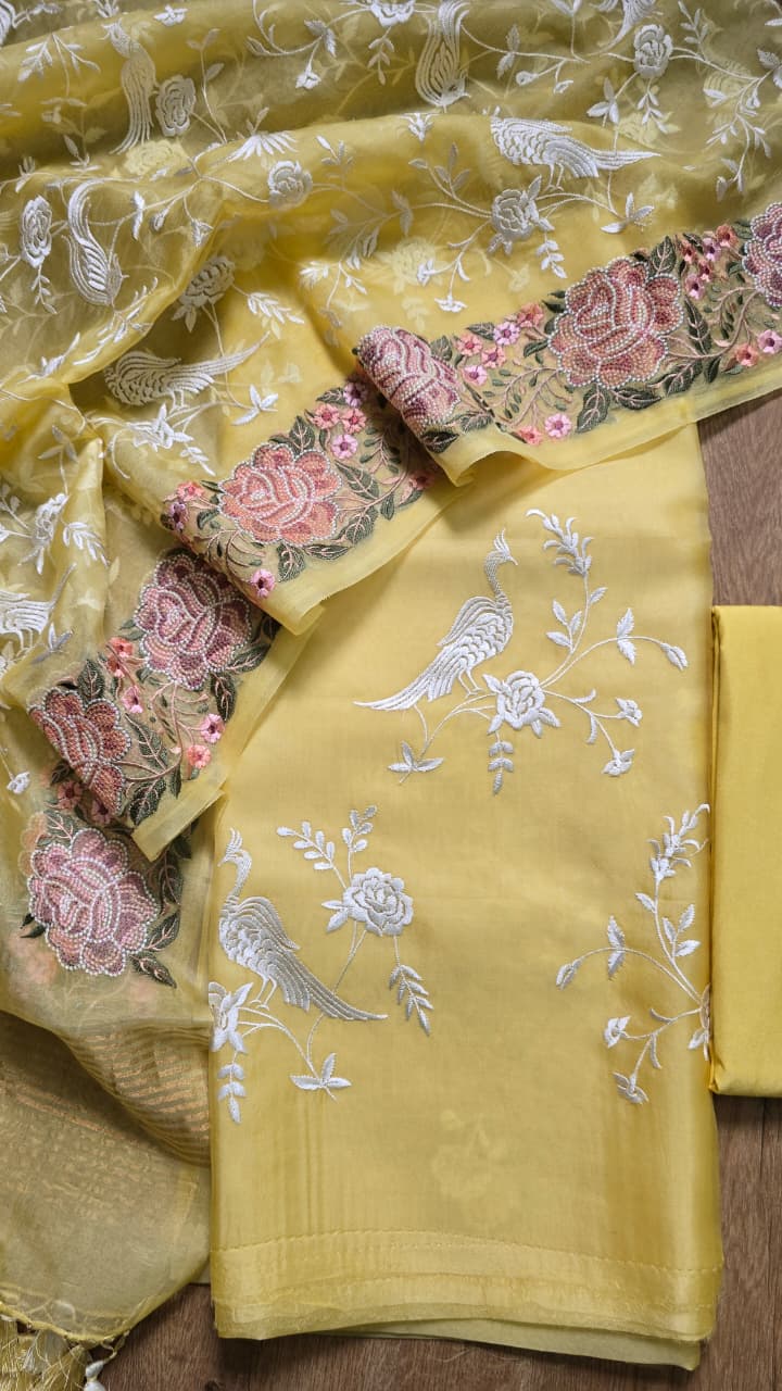 Pure Banarasi Organza Silk Parsi Work Unstitched Suit