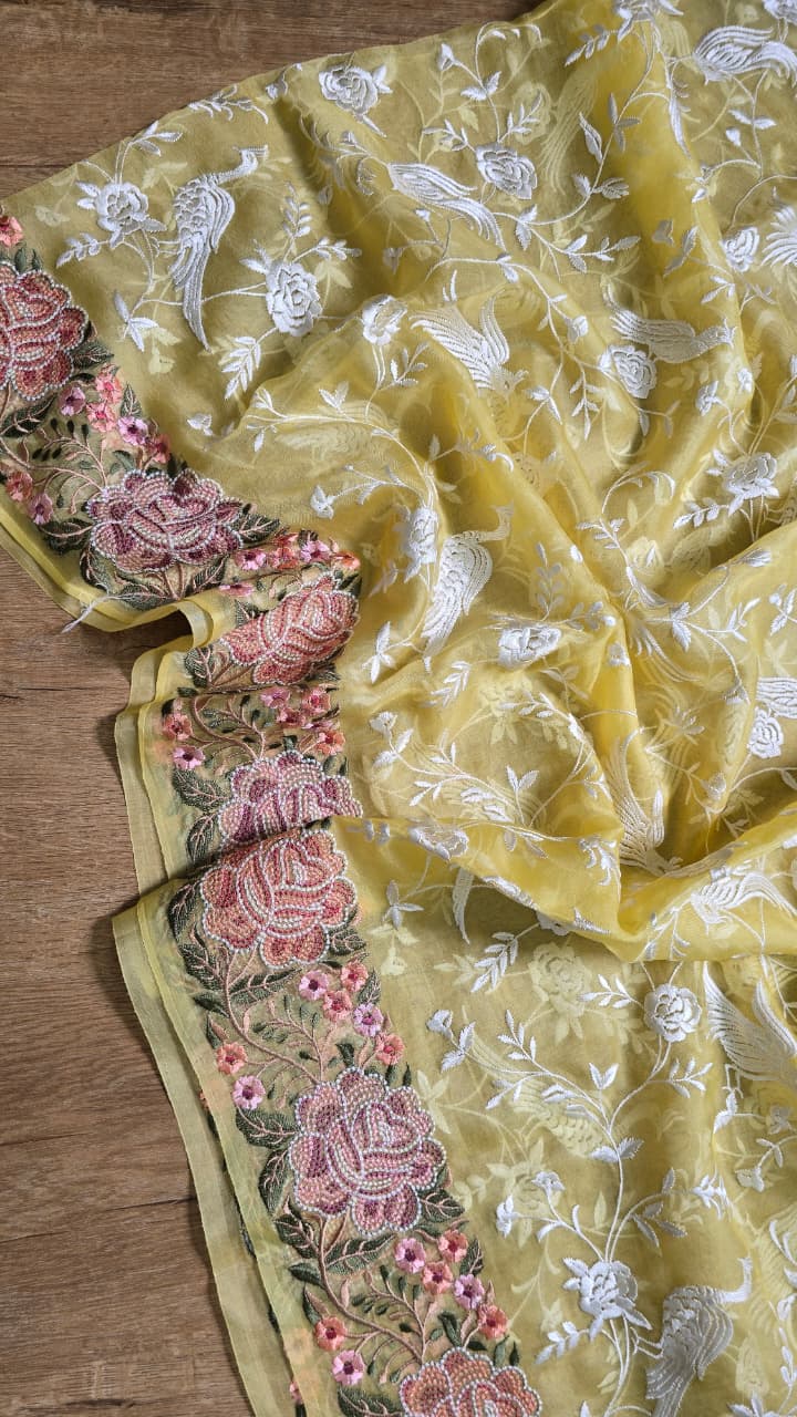 Pure Banarasi Organza Silk Parsi Work Unstitched Suit