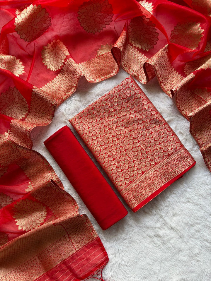 Exclusive Banarasi Jamwar Work Unstitched Suit with Organza Weaved Dupatta