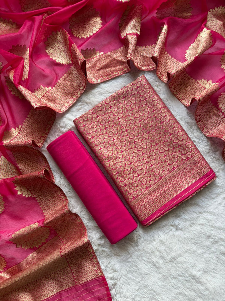 Exclusive Banarasi Jamwar Work Unstitched Suit with Organza Weaved Dupatta