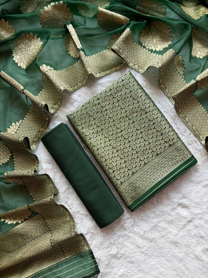 Exclusive Banarasi Jamwar Work Unstitched Suit with Organza Weaved Dupatta
