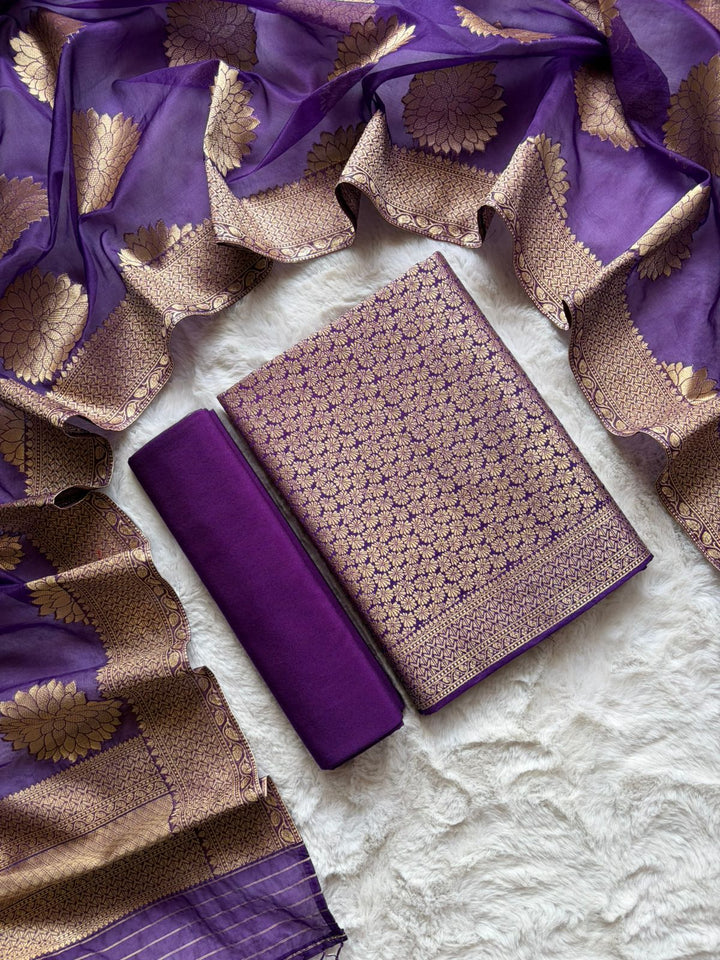 Exclusive Banarasi Jamwar Work Unstitched Suit with Organza Weaved Dupatta
