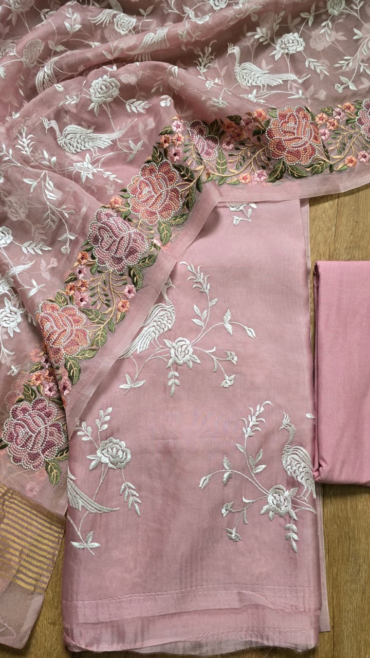 Pure Banarasi Organza Silk Parsi Work Unstitched Suit