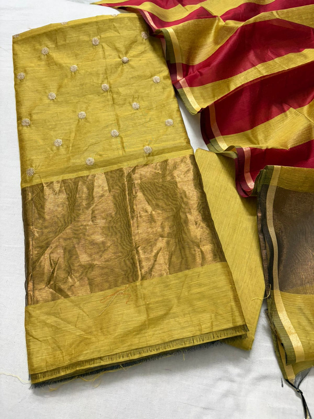 Banarasi Cotton Unstitched Salwar Suot with Zari patta and polka Dot