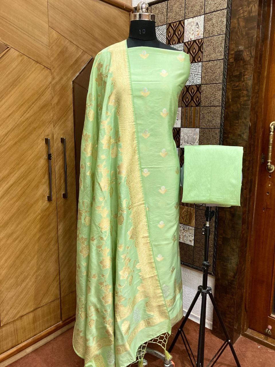 Banarasi Chiniya Silk Zari Work Unstitched Suit Sona Rupa Work Chiniya Dupatta