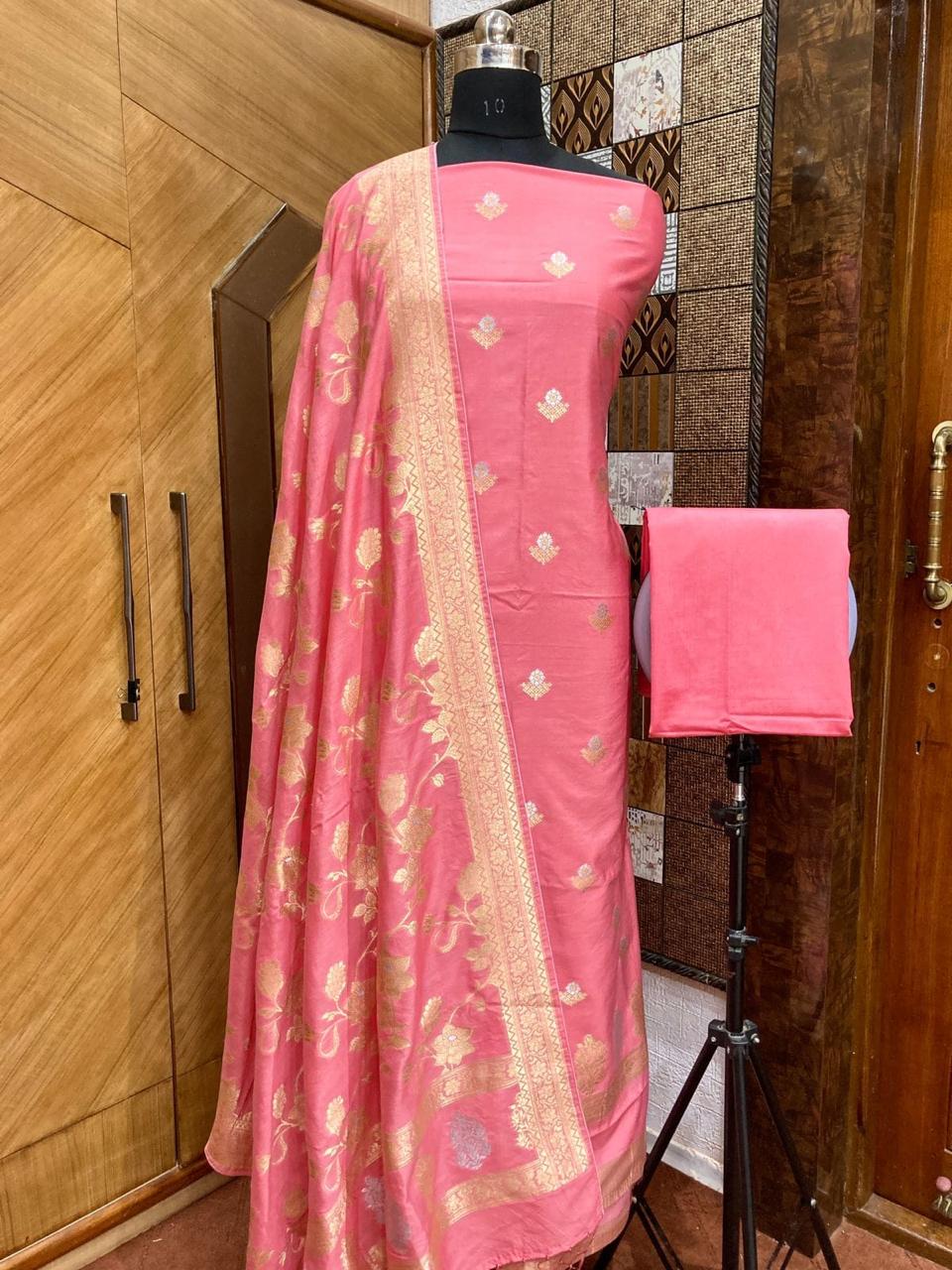 Banarasi Chiniya Silk Zari Work Unstitched Suit Sona Rupa Work Chiniya Dupatta