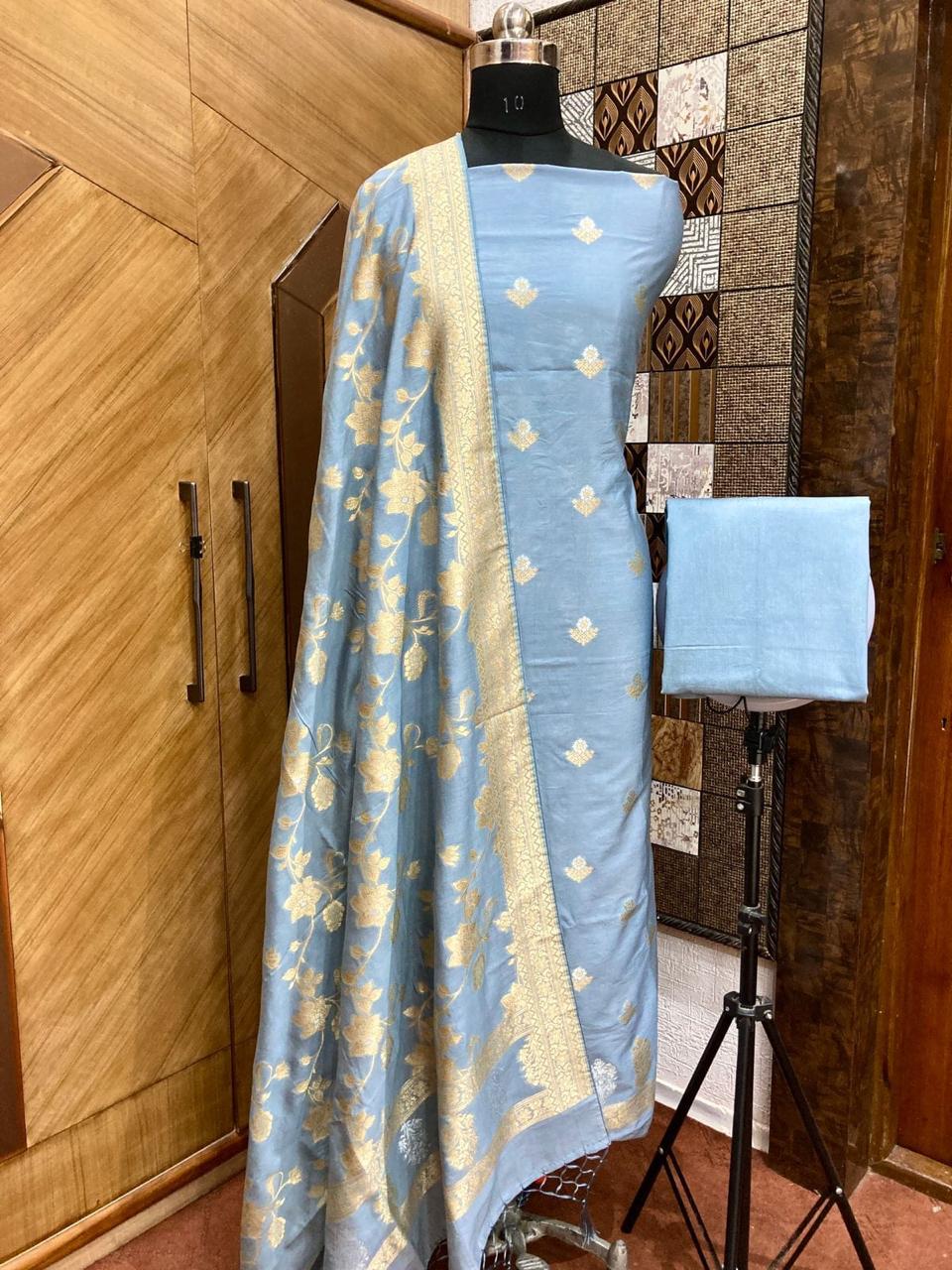 Banarasi Chiniya Silk Zari Work Unstitched Suit Sona Rupa Work Chiniya Dupatta