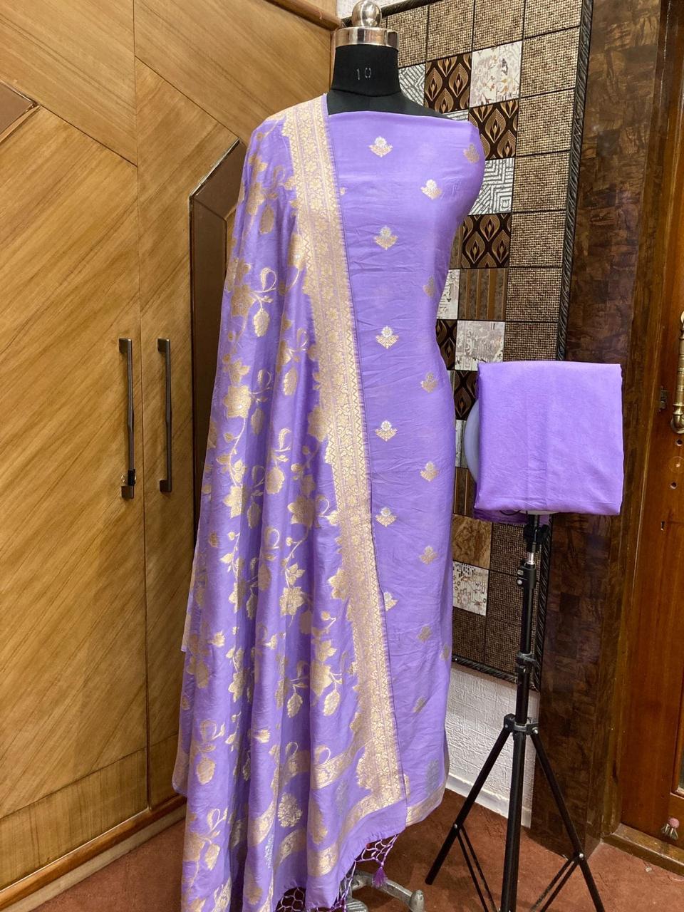 Banarasi Chiniya Silk Zari Work Unstitched Suit Sona Rupa Work Chiniya Dupatta