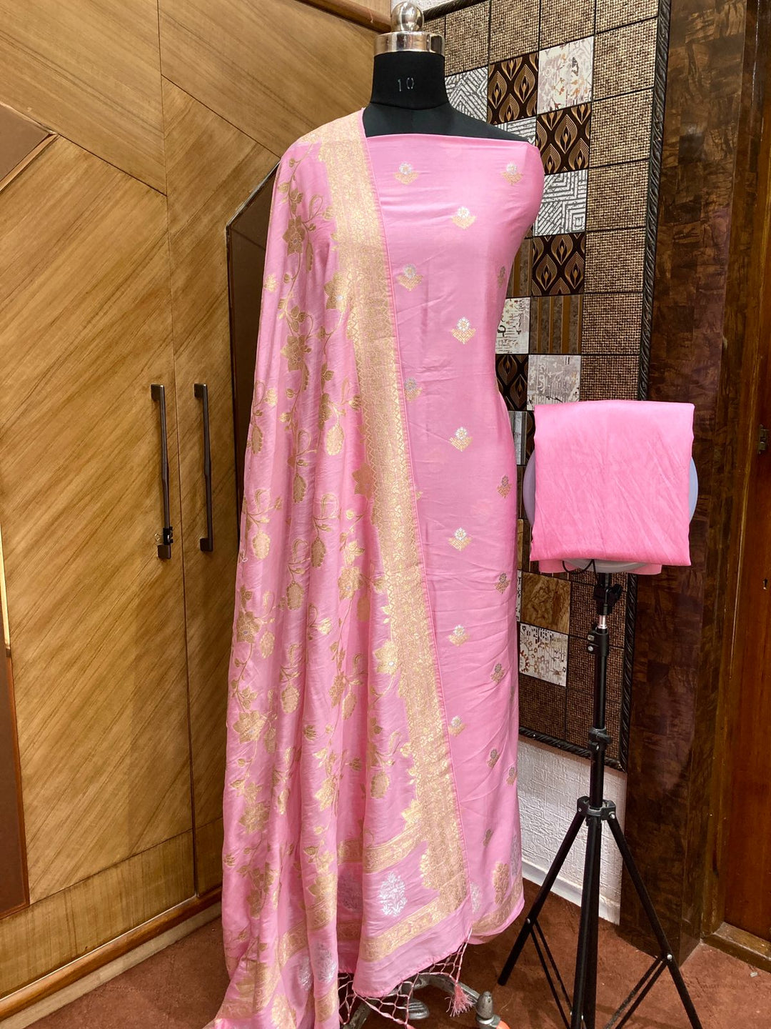 Banarasi Chiniya Silk Zari Work Unstitched Suit Sona Rupa Work Chiniya Dupatta
