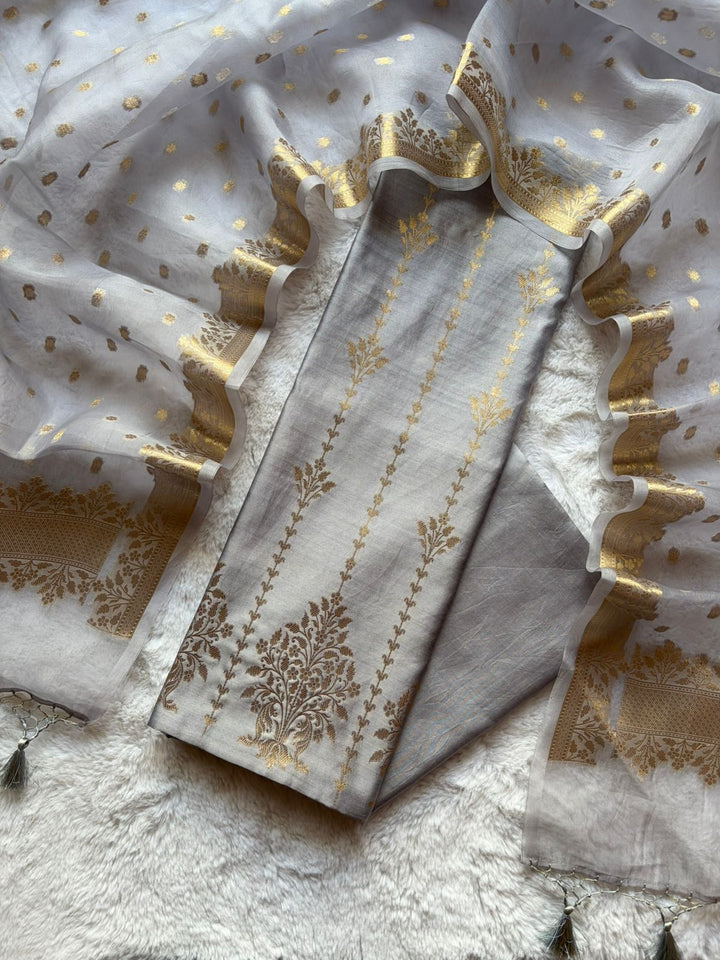 Premium Pure Banarasi Chiniya Silk Unstitched Suit with Kora Silk Dupatta