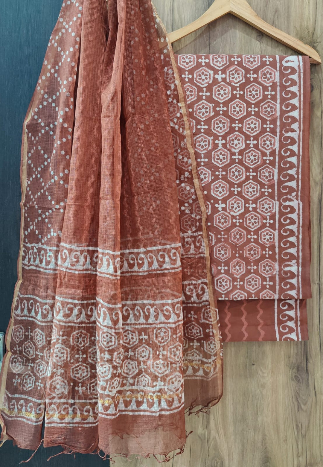 Pure Cotton Hand block print Unstitched Suit with Kota Dupatta