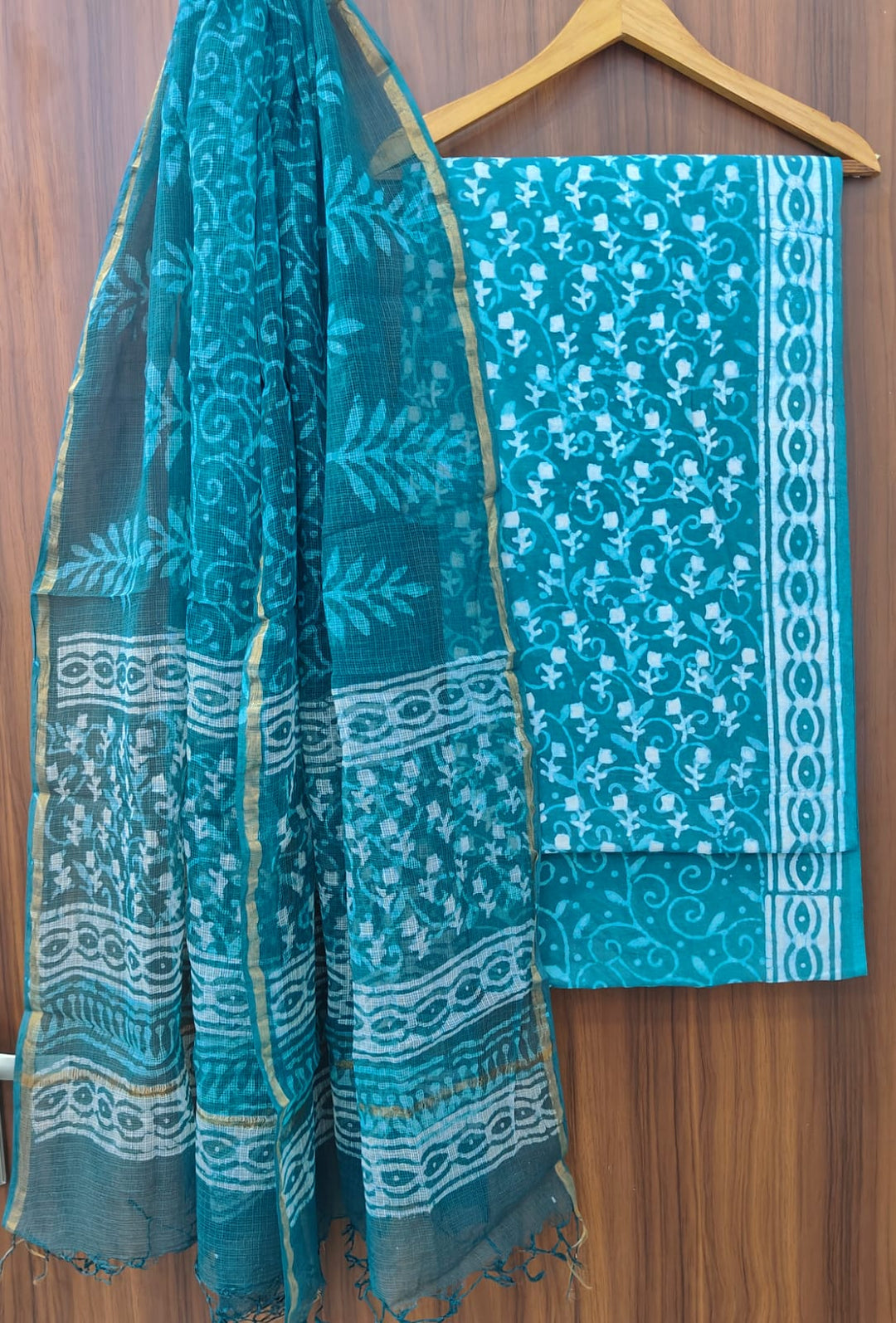 Pure Cotton Hand block print Unstitched Suit with Kota Dupatta